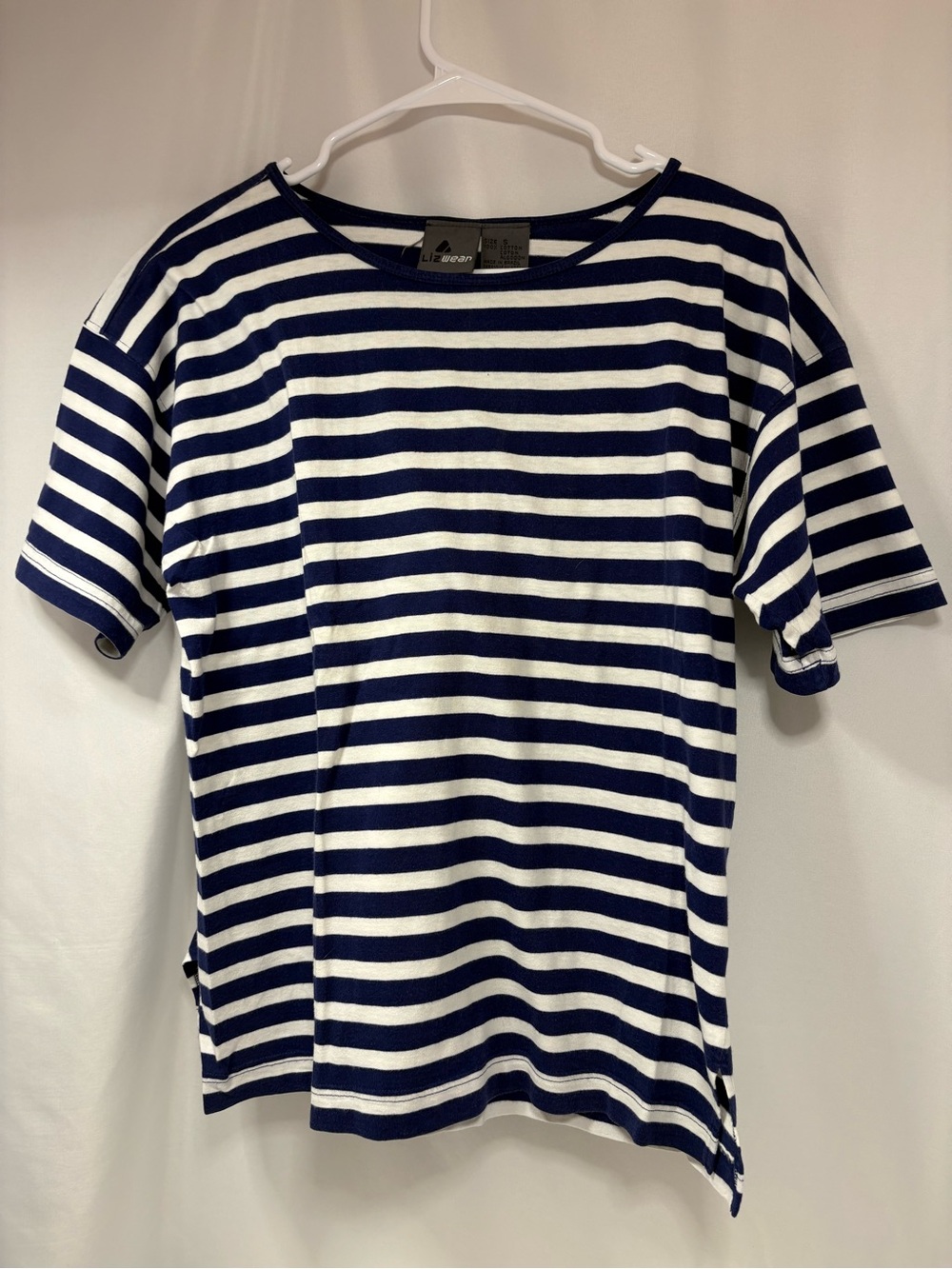 Vintage Liz Wear Cotton Striped Navy and White Boatneck Top Size Small